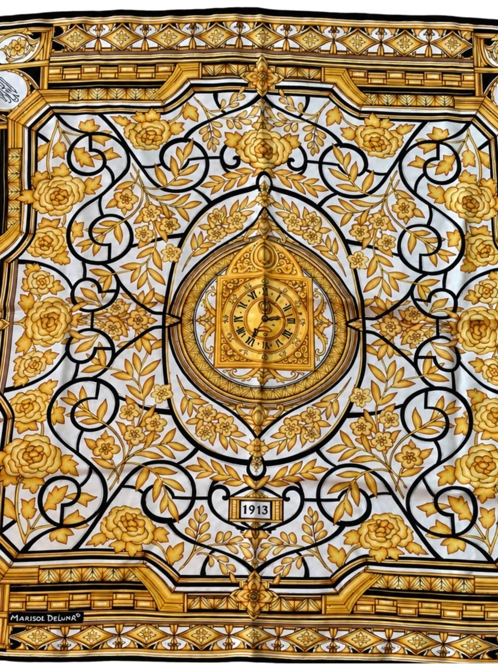Marisol DeLuna Gold & White Floral Clock Silk Scarf